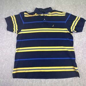 Nautica Men's Polo Shirt Striped Navy Blue Yellow Short‎ Sleeve Casual XL